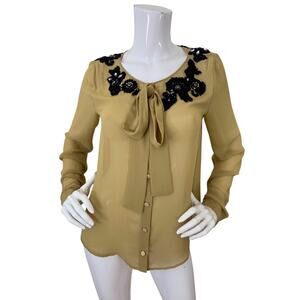 Robert Rodriguez Blouse Embellished Beaded Chiffon Tie Neck Top Size Small